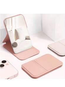 便携式折叠仿皮化妆镜，高清玻璃表面 - 宿舍、旅行和美容礼品的理想选择 - 黑色 - 查看 7