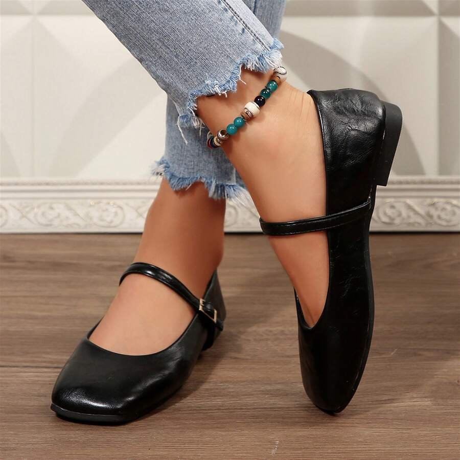 Shoes For Women Slip On Square Toe Flats Comfortable Walking Shoes - 黑色 - 查看 1