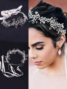 1pc European And American Style White Flower Headband, Bridesmaid Bride Crown With Faux Pearl Veil Hairband And Hair Accessories Tiaras Valentine's Day Accessories - Multicolor - View 12