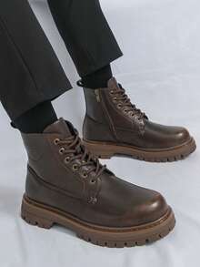 Men's Lace-Up Boots, Solid Color Classic Motorcycle Boots, Fashionable Multi-Functional Hiking Boots With Rubber Sole, Comfortable Derby Boots, Men's Fashion Wedding/Office Shoes - Brown - View 10