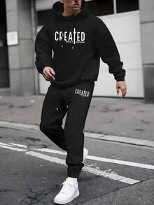 Men's CREATED Graphic 2-Piece Autumn Winter Sweatsuit Polyester Hoodie & Pants For Gym Running Lounge Home Outdoor Activities Warm Comfort - 黑色1 - 查看 1