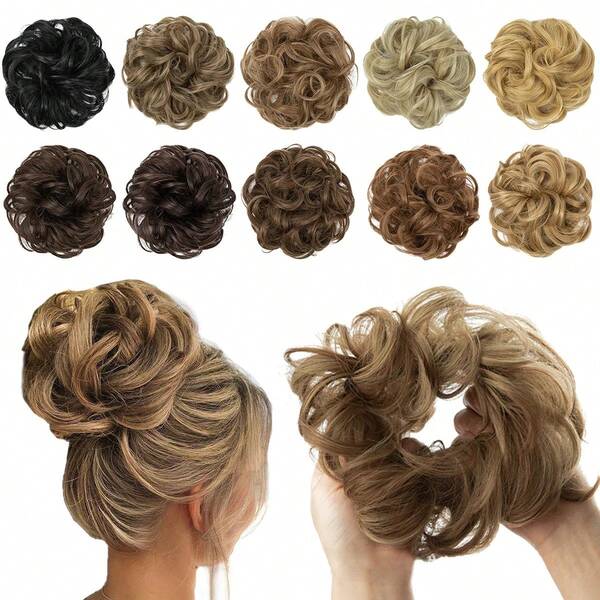 1pc Messy High Elastic Hair Scrunchies With Curly Wavy Synthetic Hair Extensions, Multi-Tone Heat Resistant Fiber For Daily Wear, Party, Cosplay, Ideal For Women's Ponytail, Casual, Party, Court Style, All Season