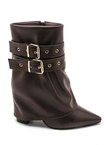 Bottines femme à talon bas avec doubles boucles dorées – style élégant en simili cuir - 棕色 - 查看 3