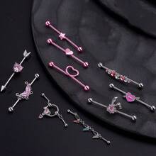Stainless Steel Industrial Crossbar Stud Earrings Love Peach Heart Barbell Earbone Stud Puncture Jewelry - 7# - Xem 1
