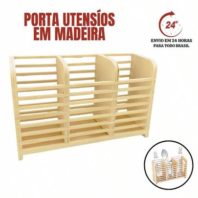 Porta Talher Utensílios De Madeira Cozinha Talheres 3 Divisórias