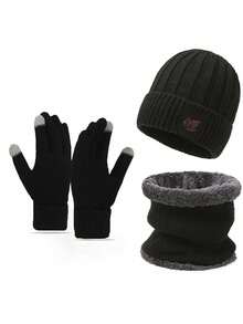 Set de 3 piezas de guantes, gorro y bufanda de lana tejida y forrada, adecuado para clima frío, unicolor, decoración casual de otoño