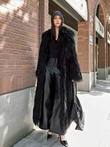 FHILLINUO Women's Elegant Faux Fur Long Coat, Loose Fit, Long Sleeve, Lapel Collar, Pockets, Classic Straight Hem, Black Winter - 多色 - 查看 6