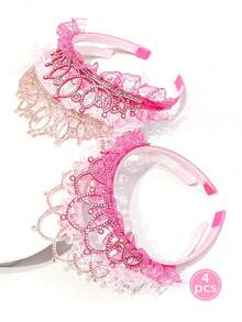 1pc Bridal Crystal Crown Headband, Fashionable Gradient Pink Lace & Crystal Headpiece For Girls - A - View 7