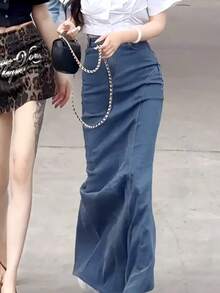 韩版复古牛仔裙，高腰修身鱼尾下摆修身半身裙，2025秋冬新款 - 深色水洗藍 - 查看 3