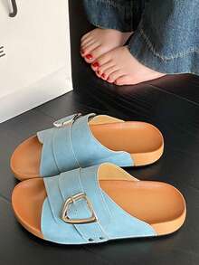 Women's Casual Slip-On Sandals With A Single Button, Soft Cork Sole, Retro Open-Toe Breathable Slippers, Comfortable, Slip-Resistant, Durable Slippers, Lightweight And Versatile Women's Sandals.