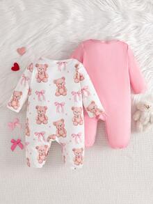 两件套女婴小熊蝴蝶结印花长袖连体衣套装，适合所有季节 - 彩色 - 查看 3