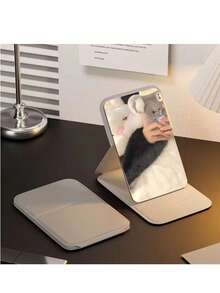 便携式折叠仿皮化妆镜，高清玻璃表面 - 宿舍、旅行和美容礼品的理想选择 - 黑色 - 查看 8