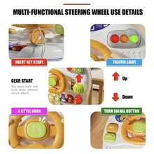 Juguete de cochecito de bebé en miniatura, volante de juguete para el asiento trasero de niños con diseño de dibujos animados, asiento de coche de simulación educativa con patas de mesa desmontables, con luz y sonido, adecuado para niños de 1 a 3 años, regalo ideal (baterías no incluidas)