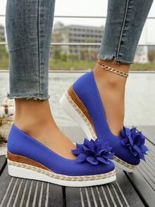 1 Pair Navy Pearl Linen Lotus Thick Platform Pointed Toe Slip-On Casual Comfortable Non-Slip Loafers, Versatile Women Shoes Suitable For Halloween, Sports, Casual, Home, Office, Party, Wedding, All Seasons