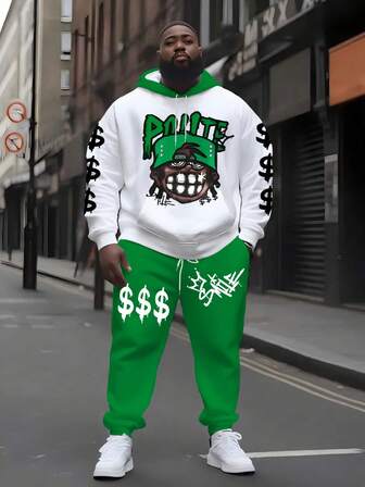 Plus Size Tall Funny Hip Hop Dollar Sign Graphic Hoodie & Sweatpants Set, Hot Selling, Drawstring Hooded Sweatshirt & Pants 2 Pieces Outfit, Fashionable Loose Fit, Suitable For Spring, Autumn & Winter