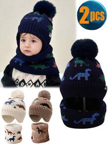 2 件恐龙冬季儿童针织帽，男孩女孩保暖内衬无檐小便帽围巾套装，厚针织绒球帽和颈部保暖围巾套装