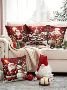 4 件/1 件红色圣诞派对装饰枕套 - 圣诞老人、雪人、圣诞树和驯鹿的节日场景设计，18x18 英寸 | 拉链封口 | 鲜艳的色彩和涤纶材质 | 适用于客厅、房间装饰、沙发和卧室（不含填充物）非常适合圣诞装饰、圣诞派对用品、圣诞礼物 - 彩色 - 查看 10