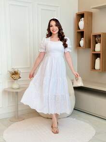 Elegant 3D Embroidered Laise Midi Dress In 100% Cotton With Puff Sleeves And Flared Skirt - 白色 - 查看 1