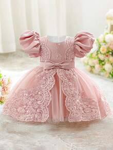 0-2岁女婴蕾丝泡泡袖迷你连衣裙，白色洗礼服，适合派对穿着 - 粉色 - 查看 2
