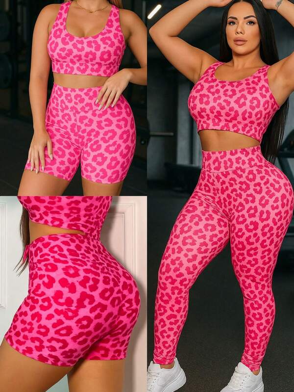 KIt Com 3 Pecas Calca Leg Legging Com Short Mais Top Camuflado Militar Pintado Oncinha Exercito Roupa De Academia Fitness