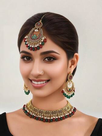 4pcs/Set Glamorous Bollywood Luxury Style Colorful Bead Tasse With Faux Pearl Jewelry Set ,Including Dropet Earrings,Water Droplet Pendant Hair Chain & Rhinestone Necklace, Suitable For Women's Wedding Wear,Daily Or Festival Gift