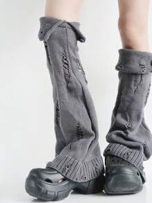 Harajuku Subculture Distressed Y2K Style High Value Babe Side Slit Cuff Knit Layered Sock Sheath Over Knee Long Length Lazy Street Design - 白色 - 查看 4