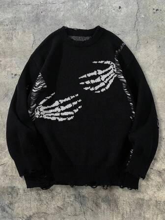 男士骷髅印花做旧圆领毛衣，休闲宽松套头针织衫，街头风，适合春、秋、冬三季穿着。