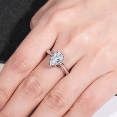 ANU JEWEL خاتم موسانيت بقطع زهرة الجليد 7x10مم/2.5 قيراط، خاتم موسانيت فضة عيار 925 بشكل قطرة ماء، مناسب كهدية