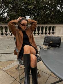 女式绒面革西装外套，带实用口袋 - 量身定制的专业夹克，抛光办公必备 - 棕色 - 查看 1