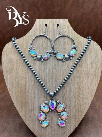 时尚优雅的西部牛仔风格仿珍珠 CCB 串珠链/铁链、花朵吊坠项链、耳环，百搭短款，适合休闲装，四季珠宝，适合女士和女孩搭配日常服装、派对配饰，送给家人/朋友/自己的珠宝礼物