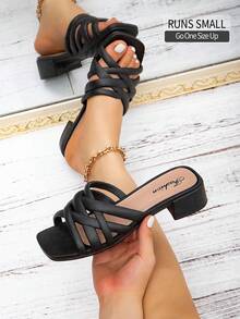 時尚杏色女拖鞋，十字紋帶涼鞋，夏日假日鞋履 - 夏季特價 - 黑色 - 查看 1