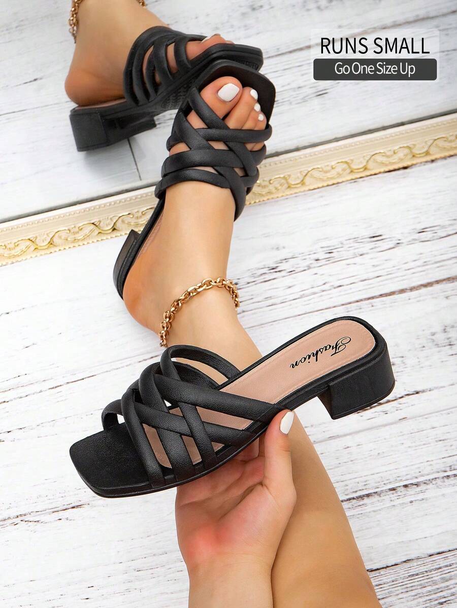 時尚杏色女拖鞋，十字紋帶涼鞋，夏日假日鞋履 - 夏季特價 - 黑色 - 查看 1