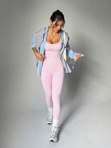 Daring Backless Design - Reveals Toned Back With Secure Fit, Waist-Defining Silhouette, Booty-Lifting Fit, Versatile Style - From Gym Sessions To Night Outs, Siren Sport Night Out Active Curve Enhancer, Sexy Workout Romper, Backless Fitness Jumpsuit, Booty-Lifting Jumpsuit, Waist-Cinching V-Cut With Ruching Detail, Sexy Backless Jumpsuit - Pink - View 3