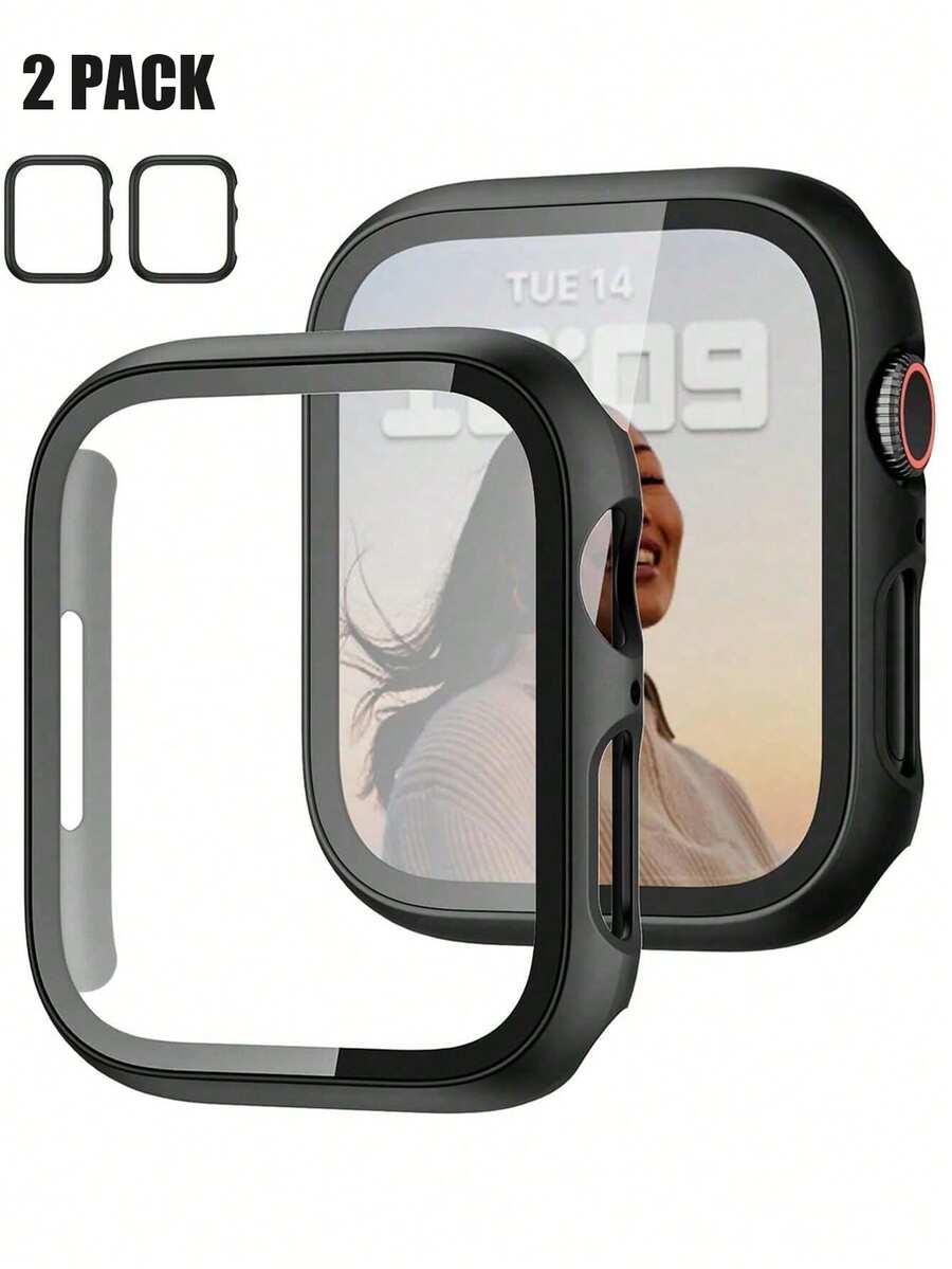 2pcs Black PC + Tempered Glass Integrated Watch Case, Shock-Proof, Scratch-Resistant, Fashion Protective Cover, Compatible With Apple Watch Case 40mm/41mm/42mm/44mm/45mm/46mm/49mm, Compatible With Apple Watch Ultra/SE/11/10/9/8/7/6/5/4 Series, Comfortable Wear, Unisex, All-Round Protection - Black + Black - View 1