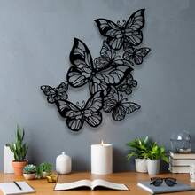 Artă murală metalică cu fluturi - Sculptură elegantă din fier alb-negru, design delicat cu frunze, potrivită pentru decorul casei în interior/exterior, aplicabilă în sufragerie, bucătărie, grădină, decorațiune de perete pentru birou, decor cu fluturi - Negru - Vizualizare 3