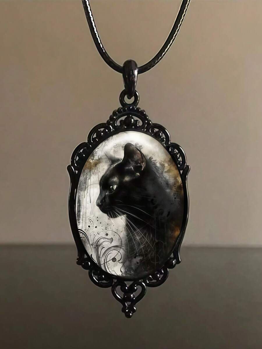 1pc Vintage Halloween Black Cat Pendant Necklace (With Slightly Faded Pattern Effect, May Have Minor Color Difference)