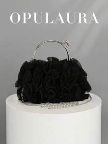 OpulAura 女士优雅花卉褶皱缎面手拿包 - 时尚雪纺花瓣手提包，配有链条肩带，适合新娘、婚礼、舞会、女生聚会、毕业派对、春晚、婚礼、鸡尾酒会和特殊场合 - 黑色 - 查看 10