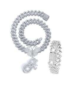 银色女士项链 A-Z 首字母个性化嘻哈经典蝴蝶字母吊坠链项链和手链套装饰物 26 个幸运字母，适合男女日常佩戴情人节时尚珠宝礼物，妈妈，母亲，母亲节，礼物 - 蝴蝶型 - 查看 89