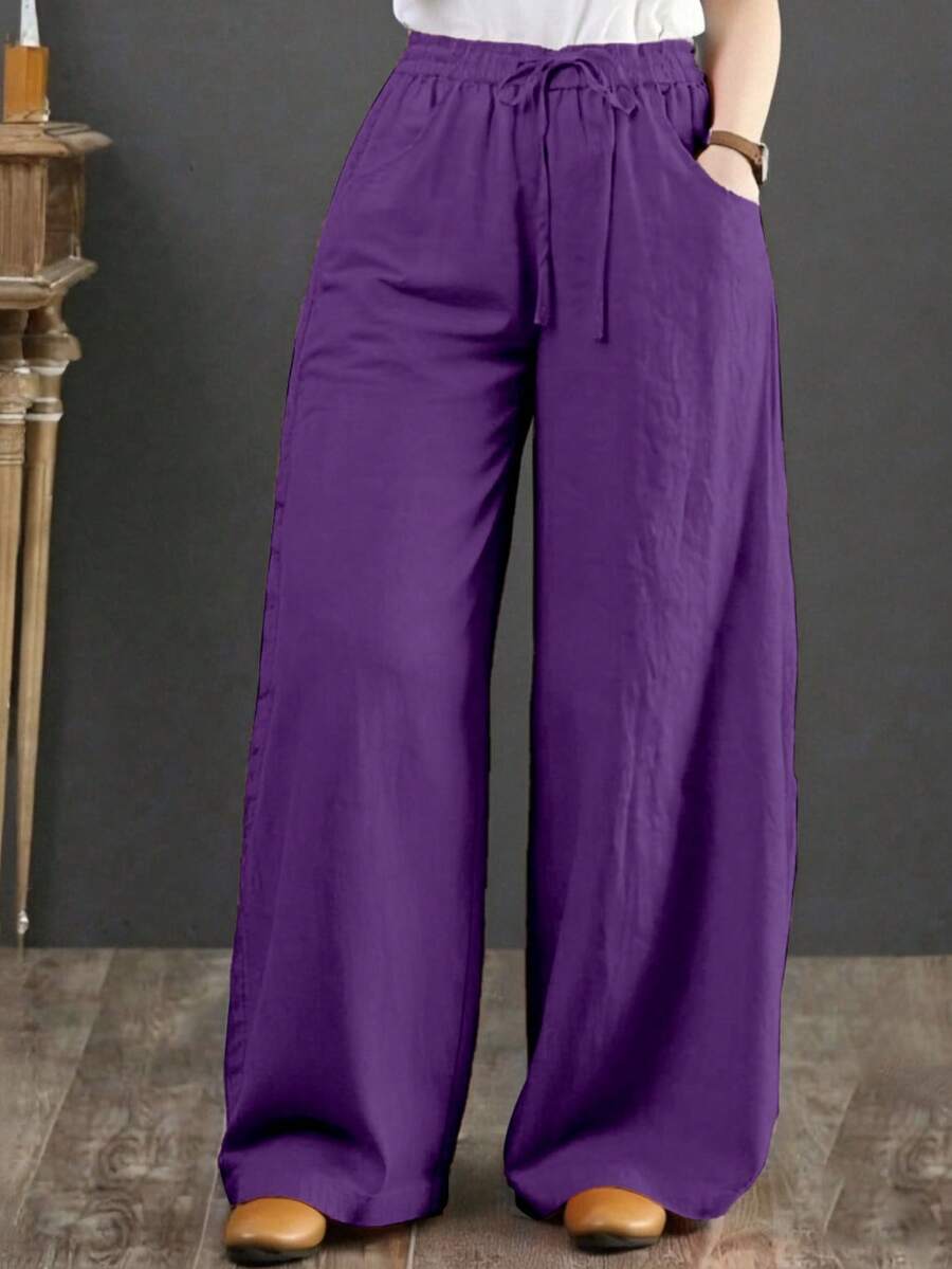 Women's Relaxed Wide Leg Cropped Pants With Pockets, Plus Size Cotton Linen Blend, Lightweight And Breathable, Loose Comfortable Fit, Multiple Color Options, Boho Inspired Style, Simple Versatile Design, Ideal For Everyday Wear, City Walks, Travel Vacations, Work Commute, Back To School Outfits, Casual Date Looks, And Valentine's Day Outfits - 紫色 - 查看 1