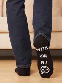 1 Pair Men's Socks, "I'm Not Sleeping, I'm Just Resting My Eyes", Floor Socks, Non-Slip Socks, Funny Socks - Black and White - View 4