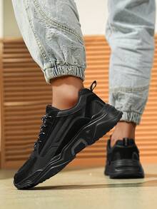 زوج من الحذاء الرياضي الكاجوال منخفض القمة للرجال، من الجلد الأسود والقماش العلوي، مزود بنعل سميك مُنفِّس، تصميم رباط، مريح وعصري، مناسب لجميع الفصول، أحذية زوجية/ضخمة - متعدد الألوان - مشاهدة 4