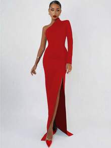 Christmas Women's Fashion Spring Summer Sexy Elegant Red Long Sleeve One Shoulder Long Bodycon Dress Party Cocktail Evening Dress Clothes - Red - View 3