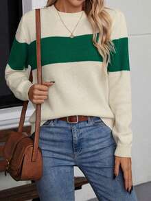 Suéter feminino listrado de malha com contraste de cores, uso diário, outono/inverno