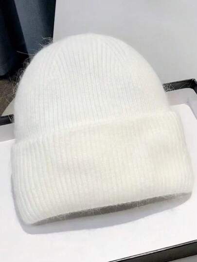 1pc White Knit Cuffed Beanie Hats For Women Winter Fur Knitted Caps Soft Slouchy Warm Snug Snow Ski Running Unisex Adult Knit Hat