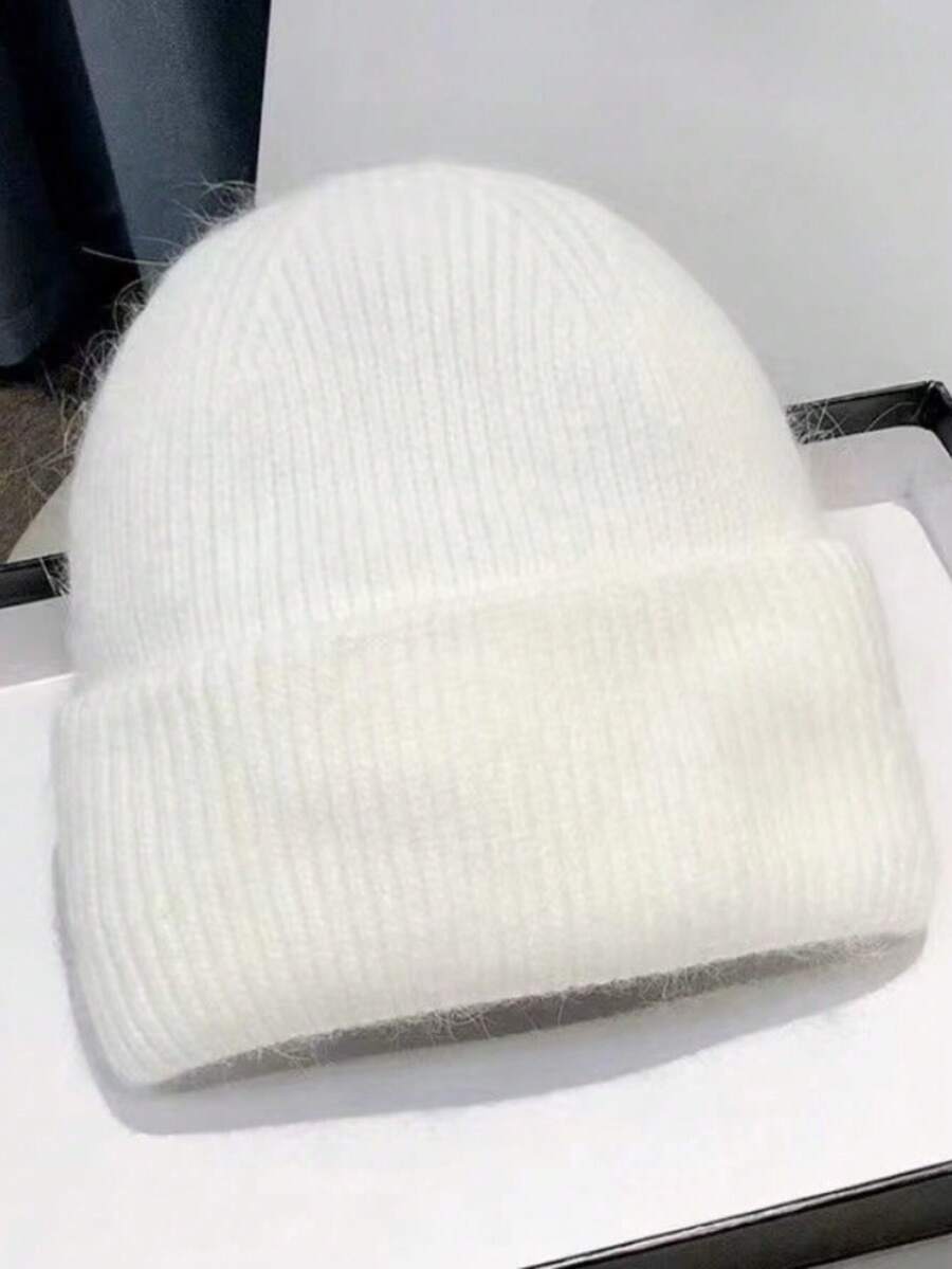 1ps White Knit Cuffed Beanie Hats For Women Winter Fur Knitted Caps Soft Slouchy Warm Snug Snow Ski Running Unisex Adult Knit Hat - White - View 1