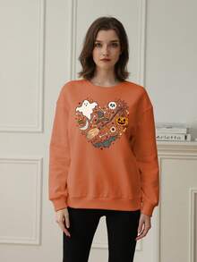 Ropa de mujer para otoño e invierno, sudadera de cuello redondo con estampado de sombrero mágico de cabeza de calabaza y letra, top casual y suelto multifuncional para festivales, adecuado para uso diario, ropa de mujer de otoño, moda de otoño e invierno.