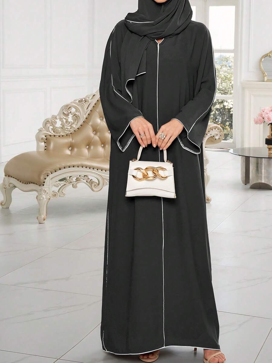 两件套阿巴雅长袍套装，经典滚边长袍连衣裙，适合女性日常穿着（长围巾+连衣裙） - 彩色 - 查看 1