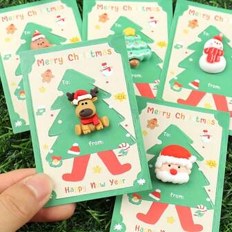 5pcs Set Of Mini Christmas Pocket Cards With Resin Charms - Festive Encouragement Cards With Santa, Stocking, Gingerbread, Snowman, Reindeer - Christmas Party Style Gifts For Friends And Family, Christmas Decor