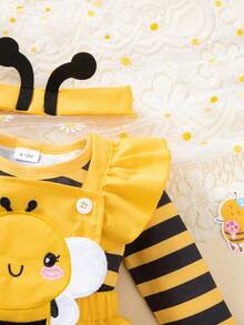 3pcs Baby Girls Outfit Set: Yellow & Black Striped Romper, Embroidered Bee Suspender Dress (With Ruffle Hem And Headband) - Multicolor - View 6