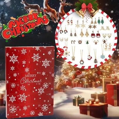 24 Pcs Christmas Cute Artoonish Earrings, Necklaces, Rings,Christmas Jewelry Mysterious Blind Box,Gift For Girlfriend,Gift For Friend,Gift For Mom